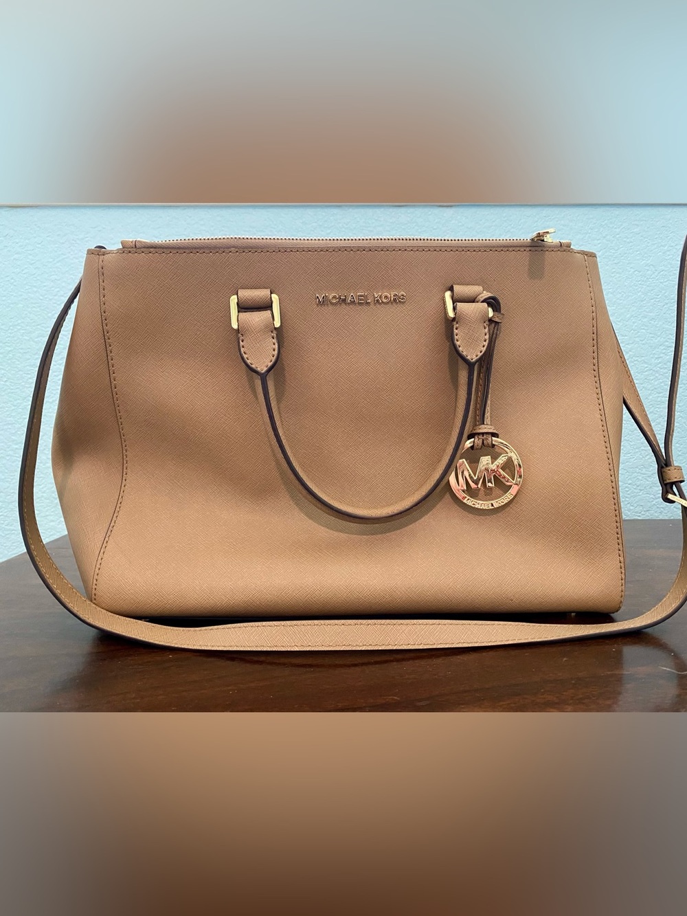 Michael Kors Taupe Saffiano Leather Satchel with Gold Hardware